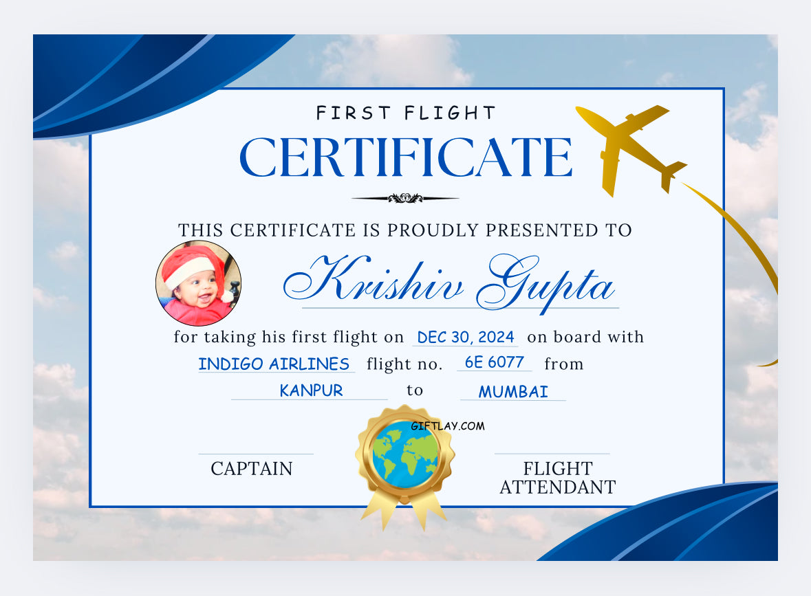 Blue White First Flight Certificate with photo