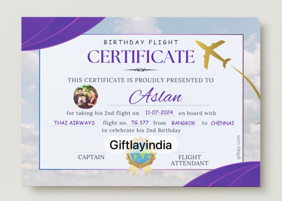 Purple First Flight/Birthday Certificate with photo