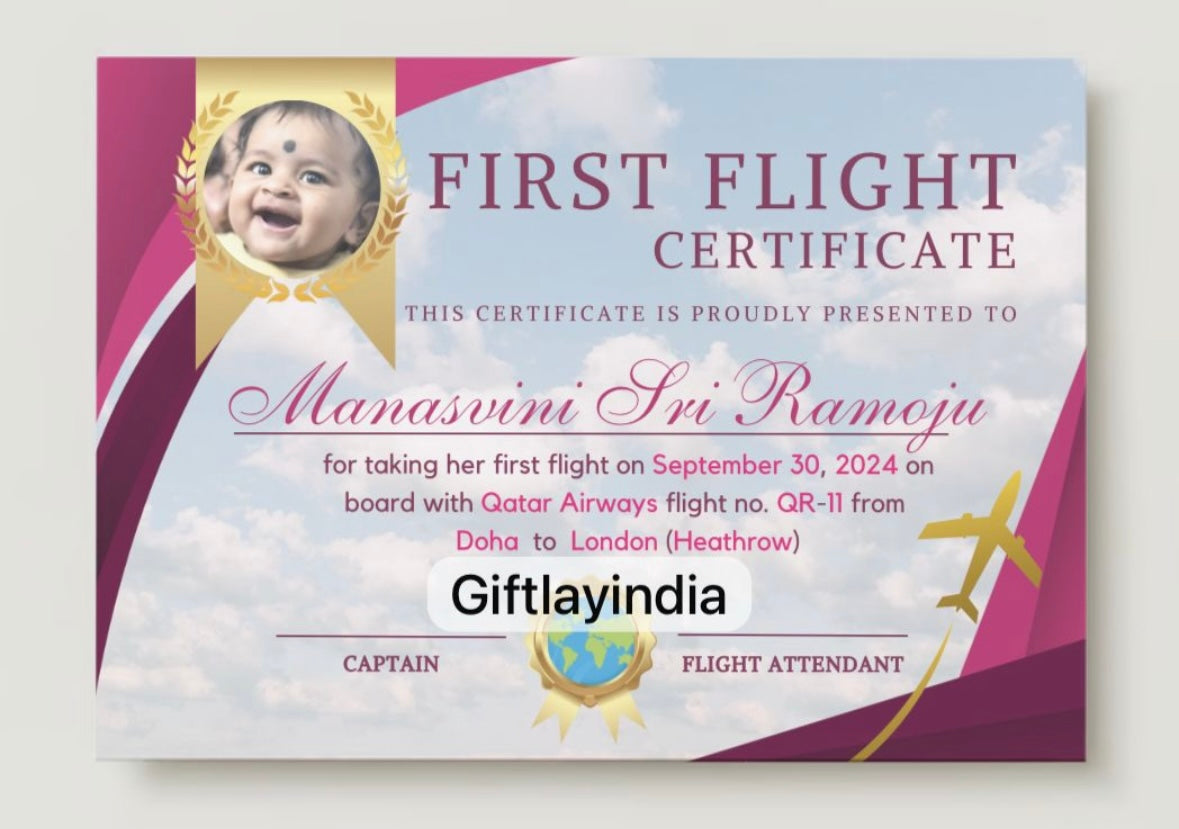 Pink Golden First Flight/Birthday Certificate with photo