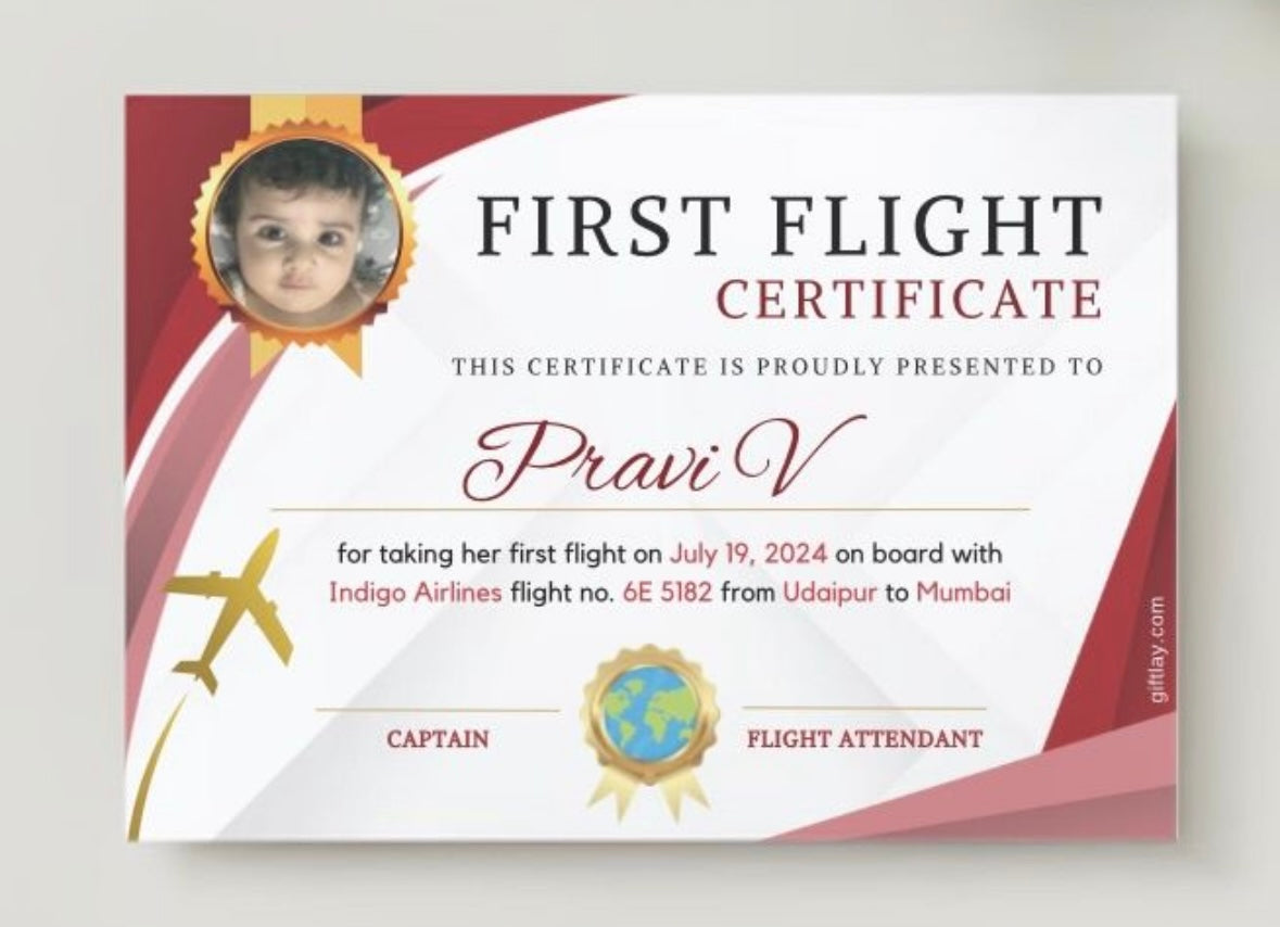 Red Golden First Flight Certificate with photo