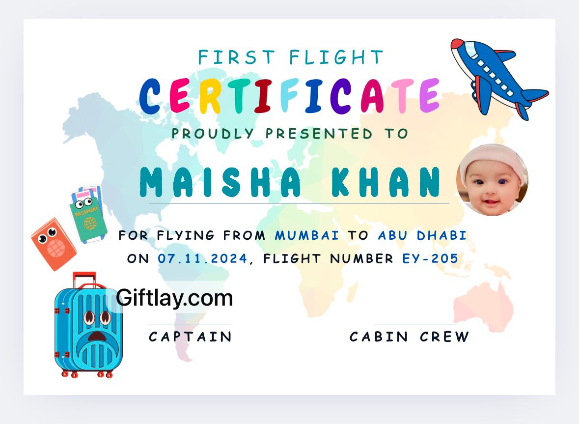 Colourful First Flight Certificate with photo