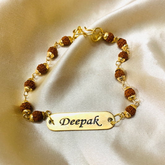 Personalised Engraved Name Rudraksh Rakhi in Gold plated plate