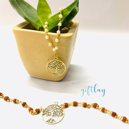 Tree Of Life Rakhi Bracelet in Rudraksh & Pearl Chain / Bhaiya Bhabhi Rakhi