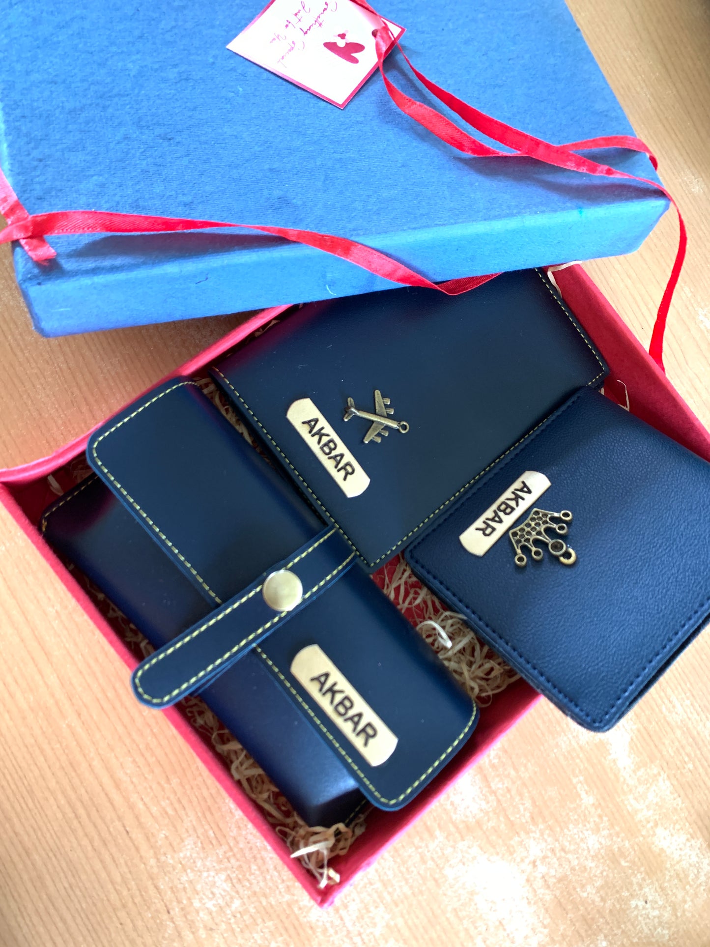 Wallet + Passport Cover + Sunglasses cover - Personalised Gift Set Men (in blue)