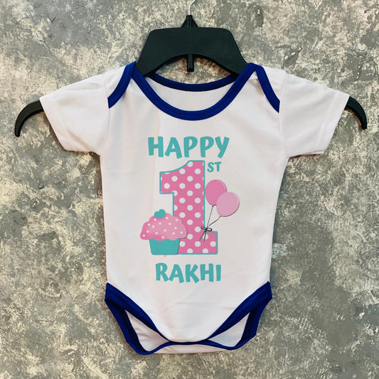 Happy First Rakhi Pink cupcake Baby Romper