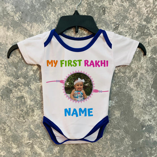 My First Rakhi with photo and name personalized Baby Romper