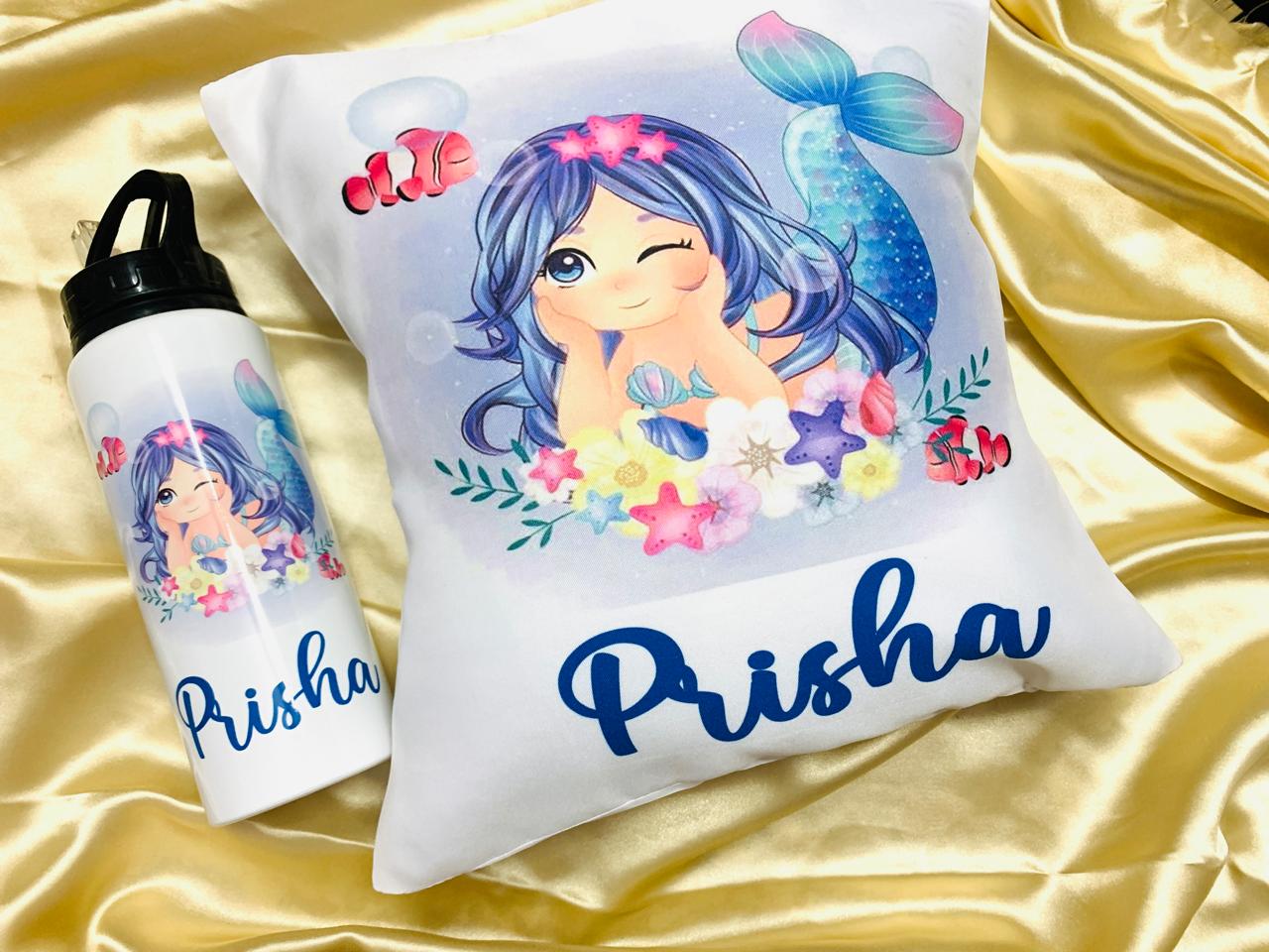 White Sipper Bottle - personalised with name / brand / logo and cushion combo set