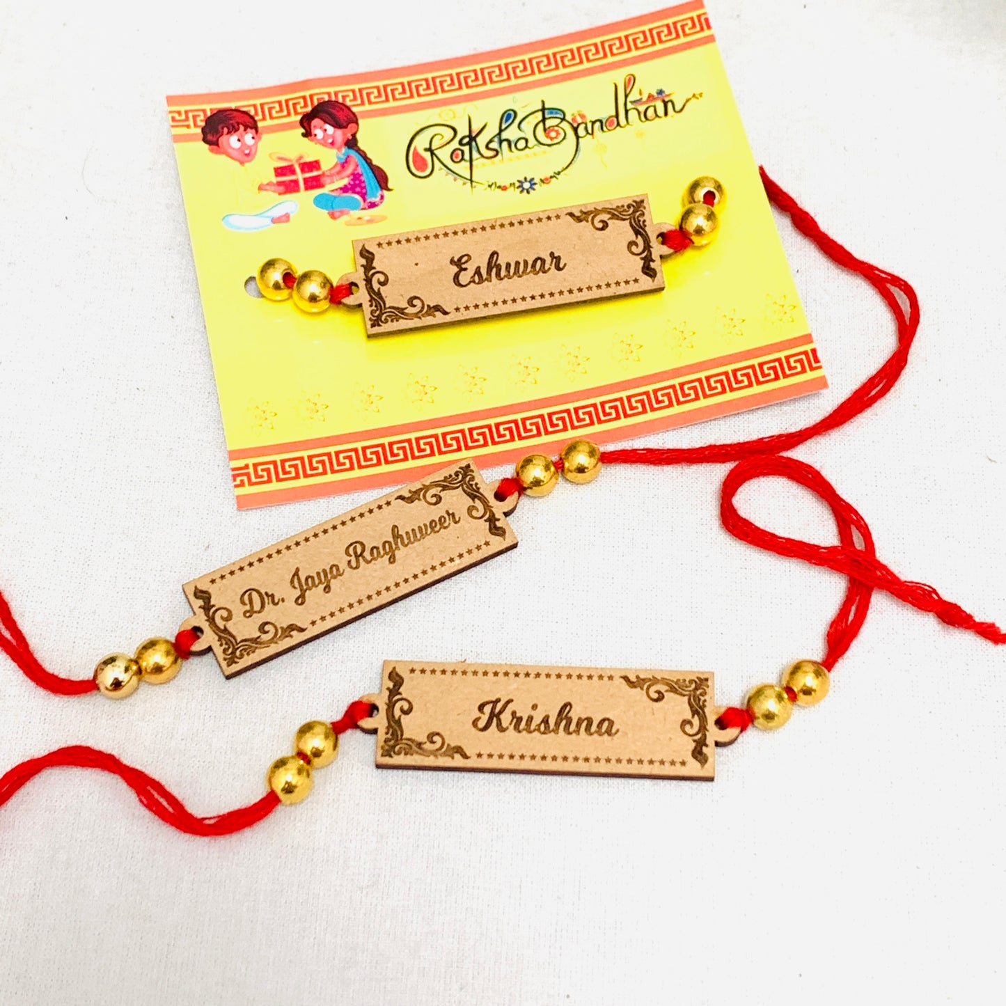 Wooden Engraved Name Rakhis - Rectangular