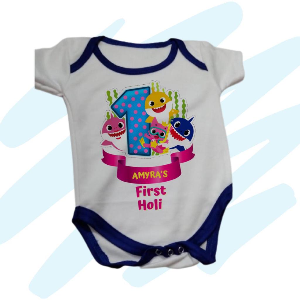 Baby Sharks First Holi Baby Romper with Name