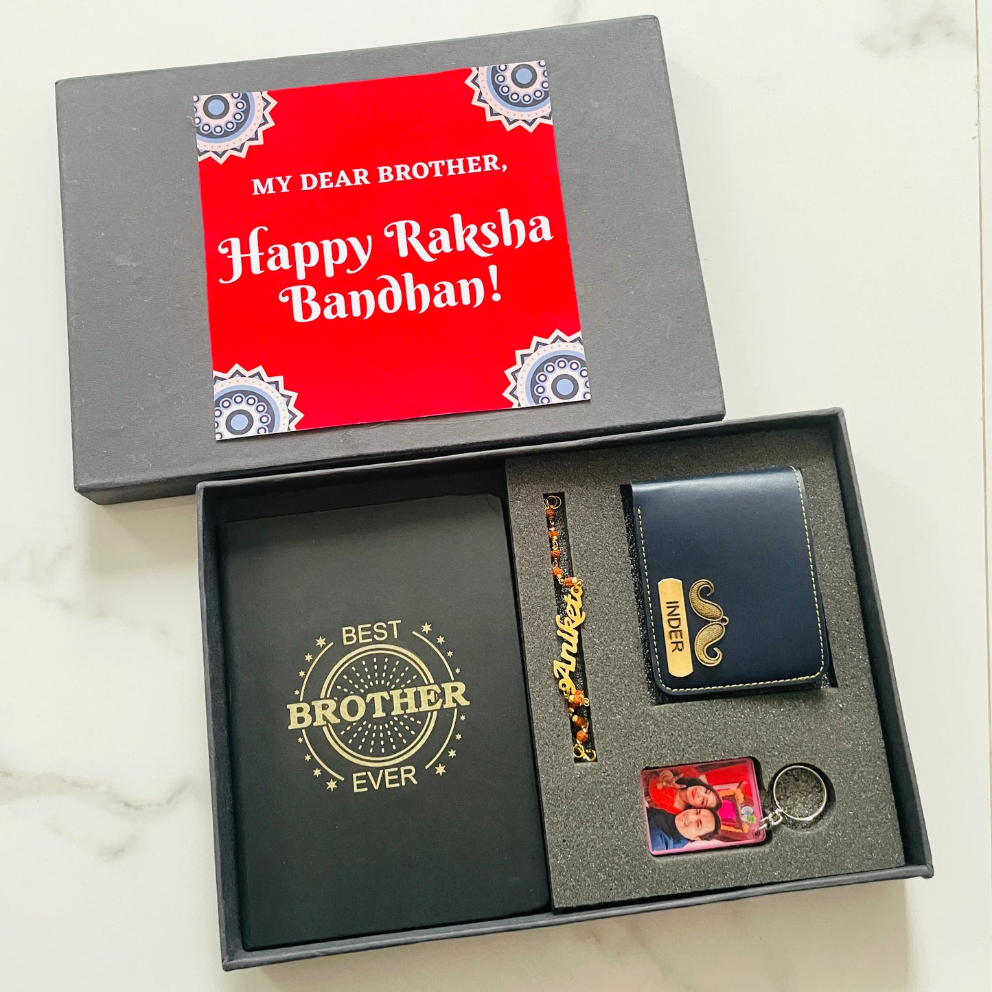 Personalized Rakhi + Diary + Wallet Combo for him